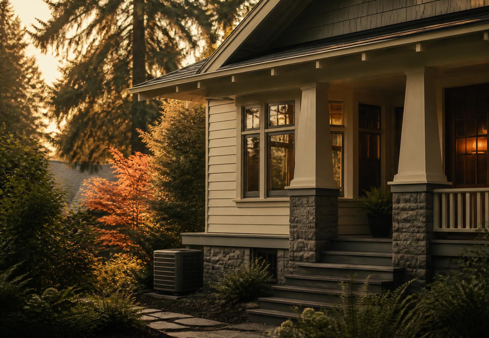 Pacific Northwest craftsman home at golden hour with a tidy HVAC condenser tucked beside the porch